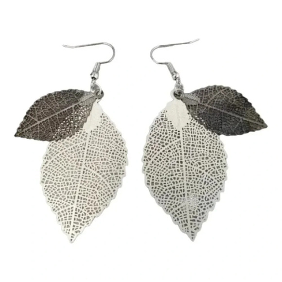 Black and Silver Skeleton Leaf two layer Dangle Earrings - Picture 2 of 8